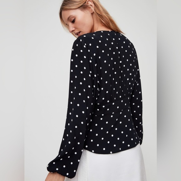 Wilfred Aritzia Peasant Black Polka Dot peplum blouse with pearl buttons size XS - Picture 3 of 9